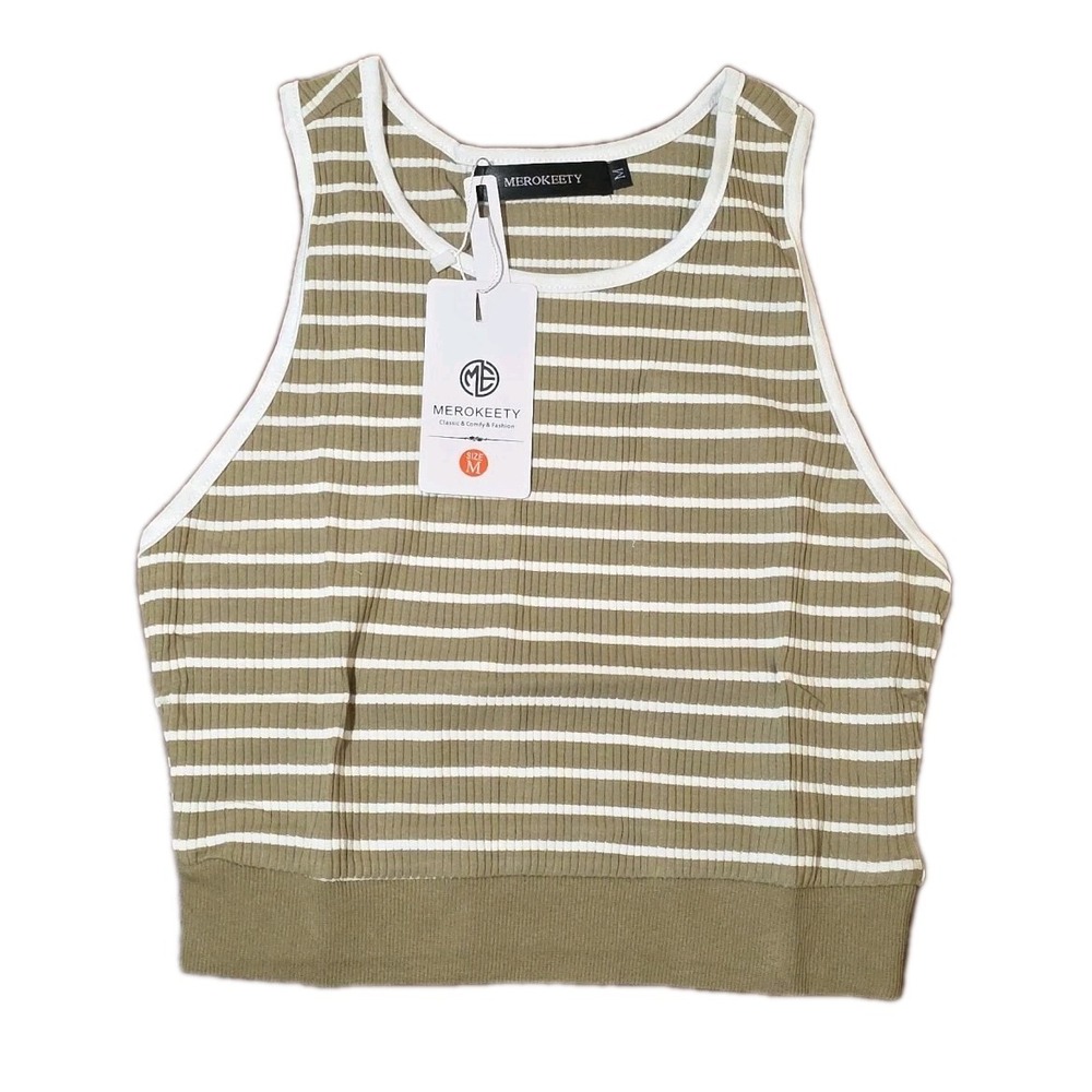 Womans Crop Top, Medium, Olive Green, Stripes